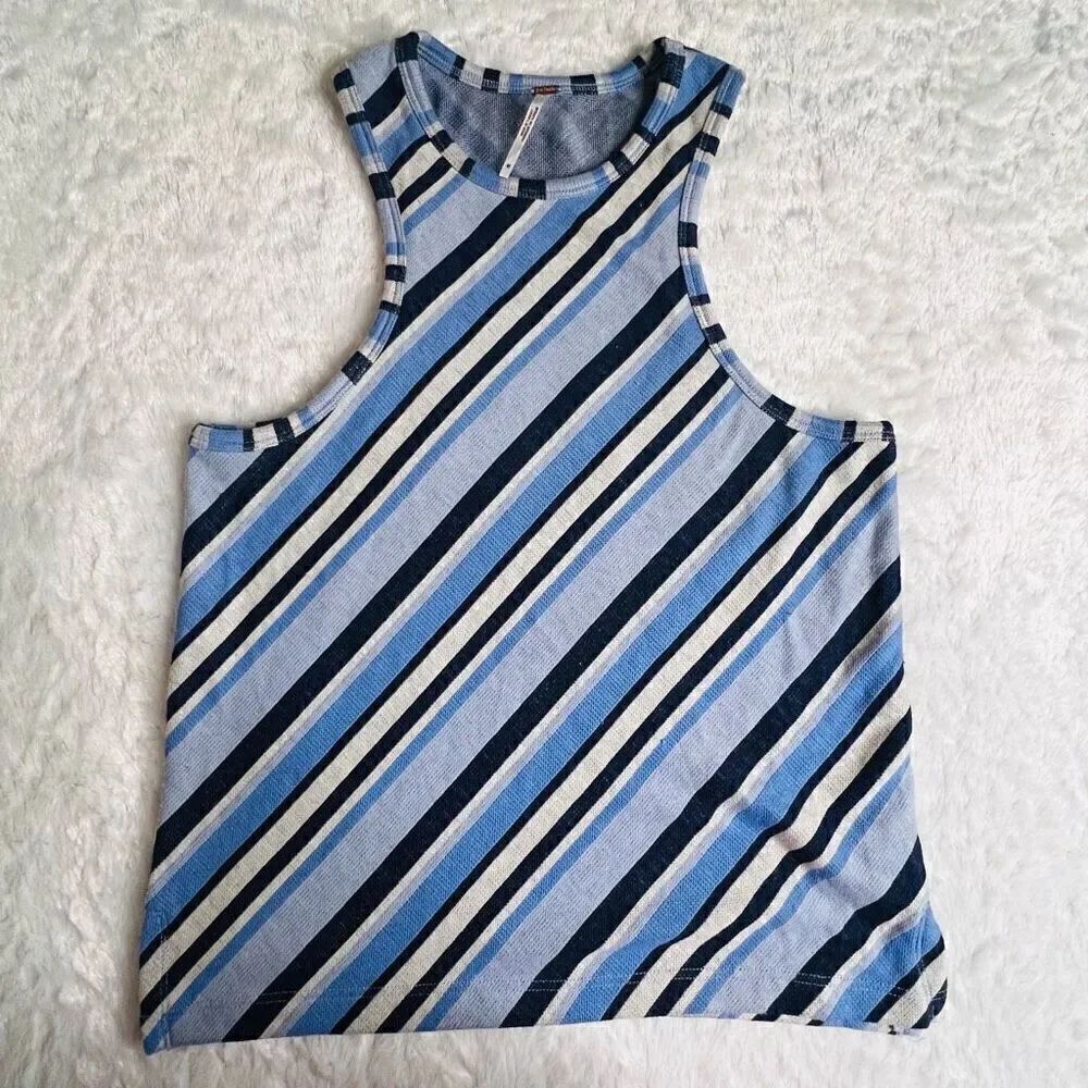 Free People Womens Navy Blue Striped Sidelines Sleeveless Tank Top Size Large